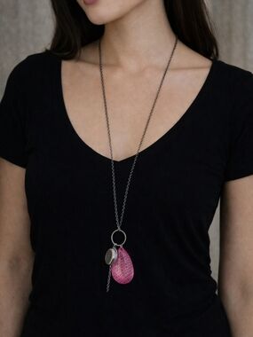 Pink Teardrop Charm Necklace – Long Boho Statement Chain